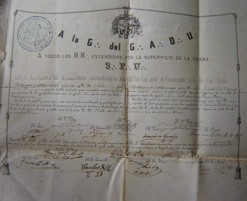 Diploma de Maestro Masón, con la firma de Martí, como Secretario, en la primera línea de firmas, a la izquierda